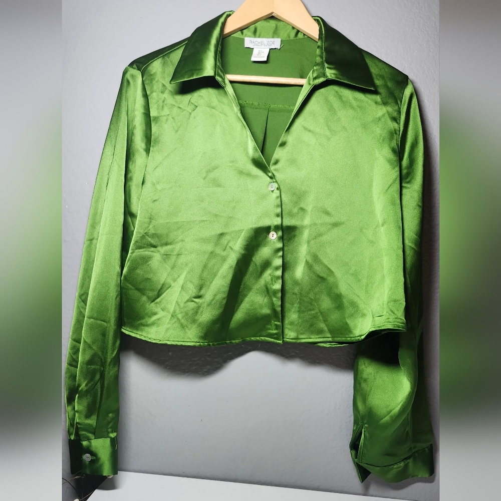 Rachel Zoe Vibrant Green Satin Crop Button-Down Shirt